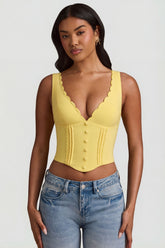 Plunge-Neck Scalloped Corset Top in Pastel Yellow