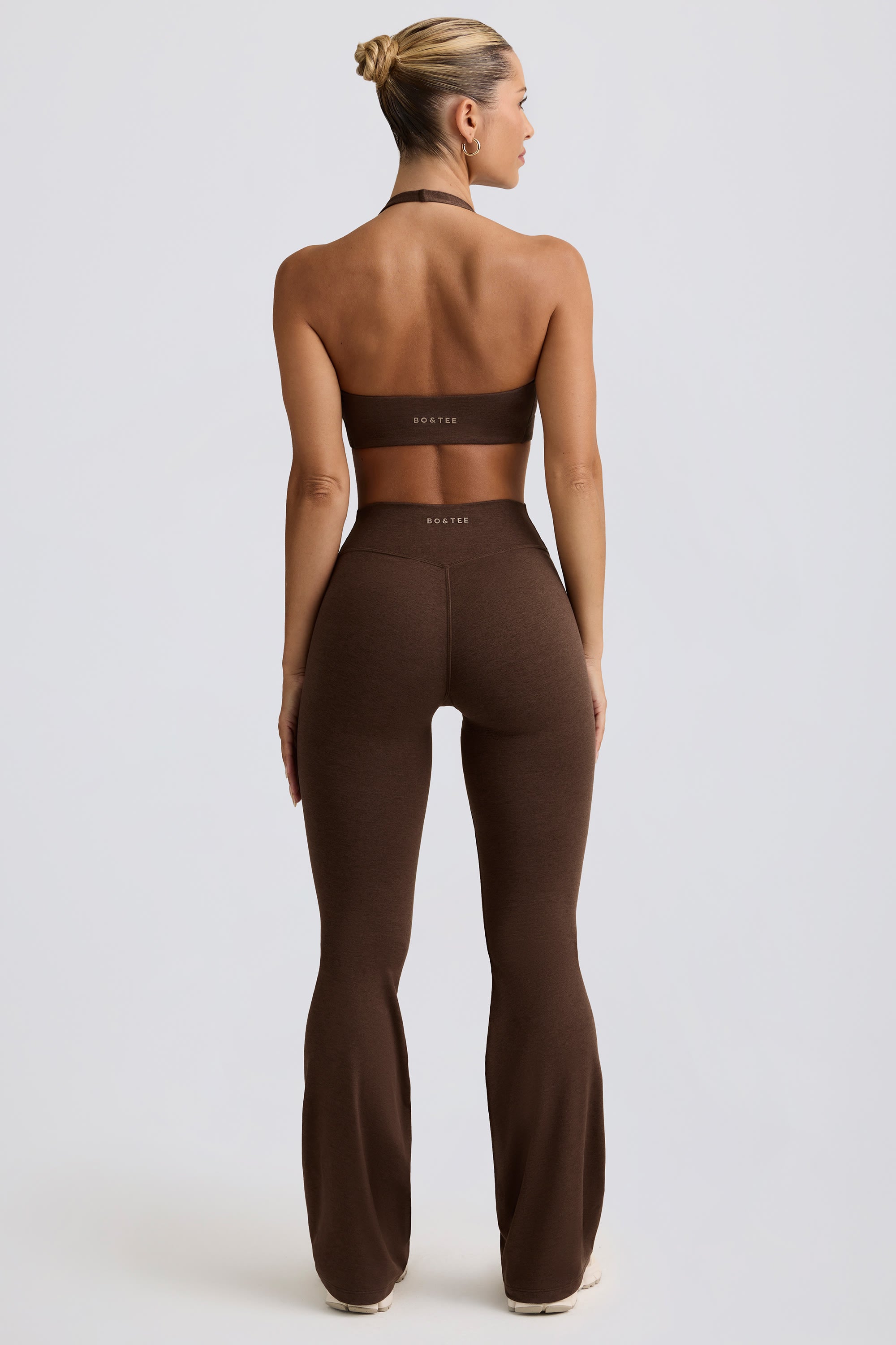 Brushed Jersey Ruched Flared Trousers in Pecan Marl